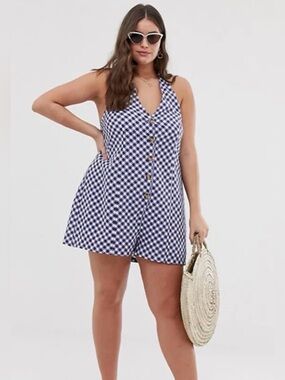 ASOS Gingham Blue White Romper Plus US 20 Halter Button 100% Cotton Sleeveless